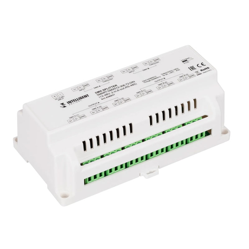 INTELLIGENT ARLIGHT Сплиттер SMART-DMX512-306-72-DIN (12-48V, 2-in, 6-out, RS-485) (IARL, IP20 Металл, 5 лет) 038937