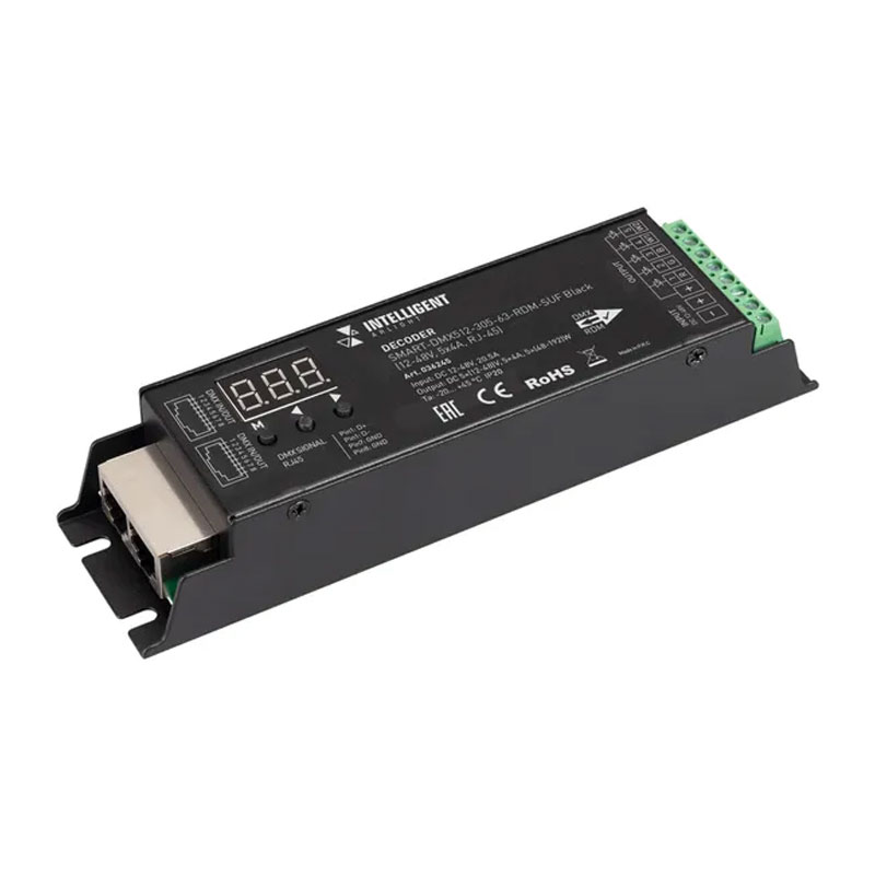 Декодер сигнала DMX512 в ШИМ ARLIGHT SMART-DMX512-305-63-RDM-SUF Black (12-48V, 5x4A, RJ-45) 036245