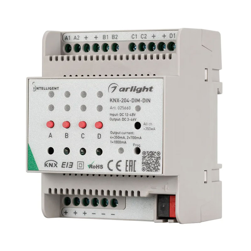 INTELLIGENT ARLIGHT Диммер KNX-204-DIM-DIN (12-48V, 8x0.35/4x0.7/2x1A) (IARL, IP20 Пластик, 2 года) 025660