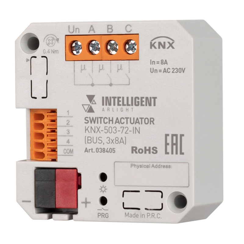 INTELLIGENT ARLIGHT Релейный модуль KNX-503-72-IN (BUS, 3x8A) (IARL, IP20 Пластик, 3 года) 038405